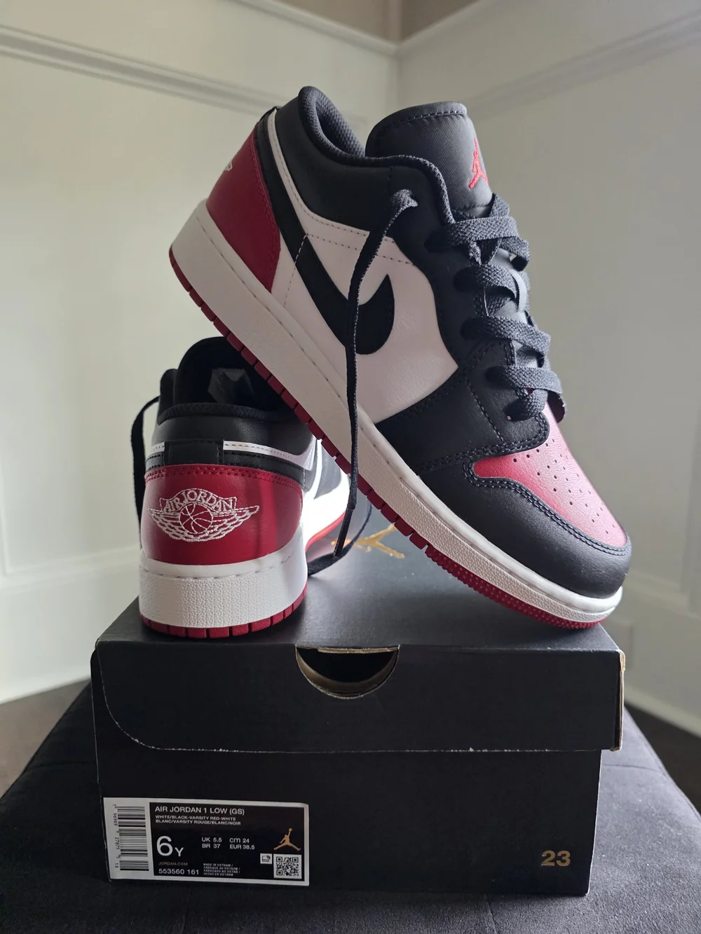 Back To School Nike Air Jordan 1 Low Black Red White Sneakers 6Y
